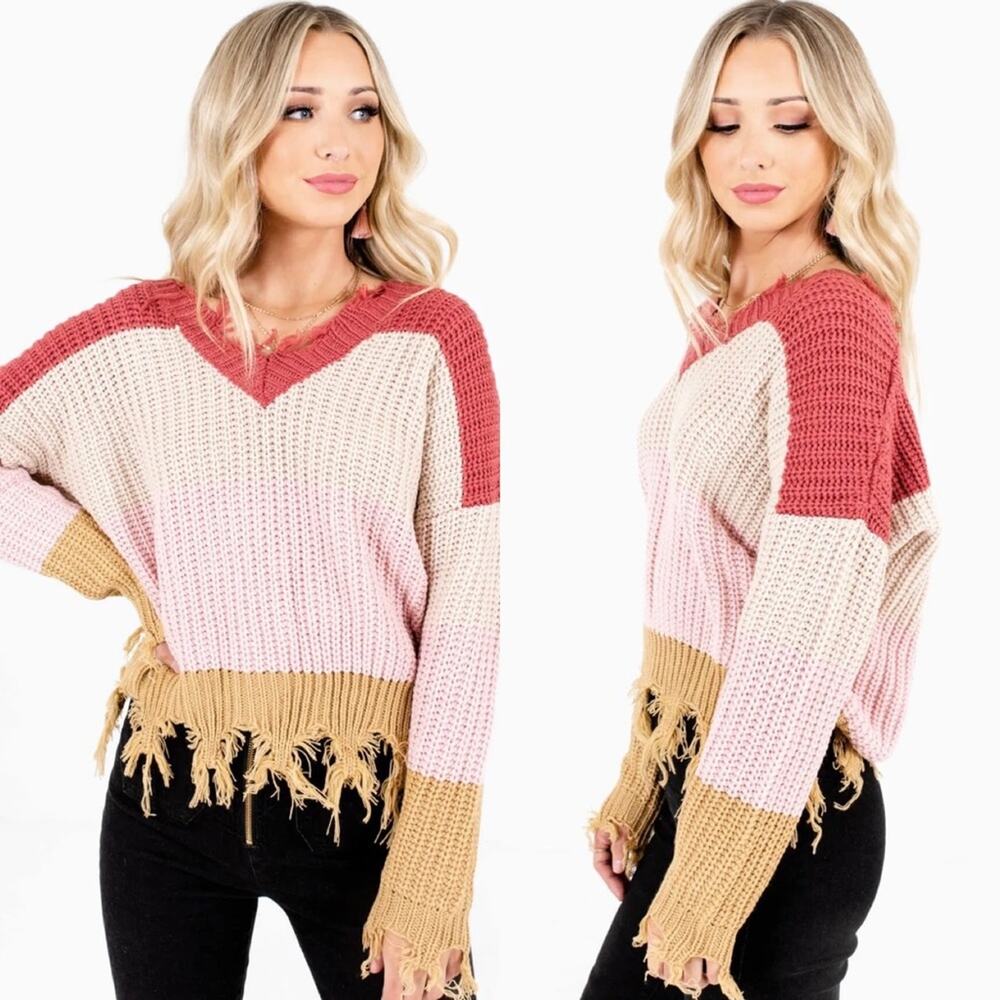 Love Tree Sweater S Pink Combo Colorblock Stripe Distressed V Neck Casual - Picture 7 of 7